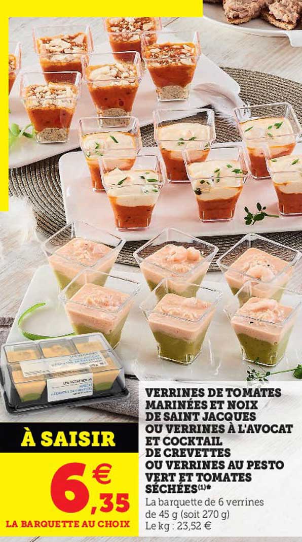 verrines de tomates marinées et noix de saint jacques ou verrines à l'avocat et cocktail de crevettes ou verrines au pesto vert et tomates séchées