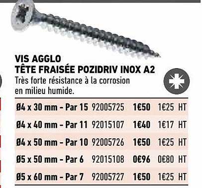 vis agglo tête fraisée pizidriv inox a2