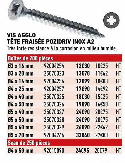 vis agglo tête fraisée pozidriv inox a2