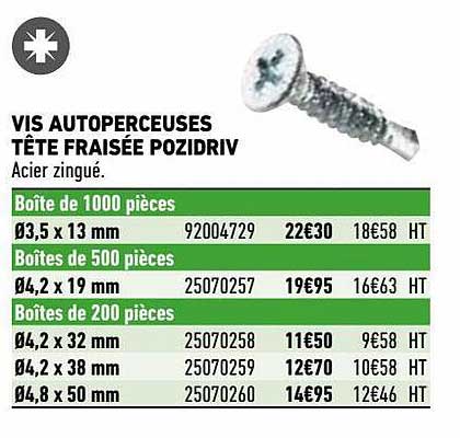 vis autoperceuses tête fraisée pozidriv