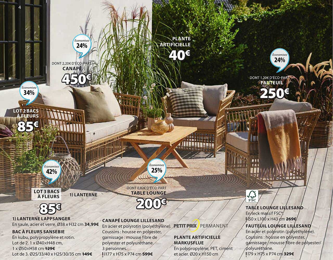 lanterne lappsanger, bac à fleurs sansebie, canapé lounge lillesand, plante artificielle markusflue, table lounge lillesand, fauteuil lounge lillesand