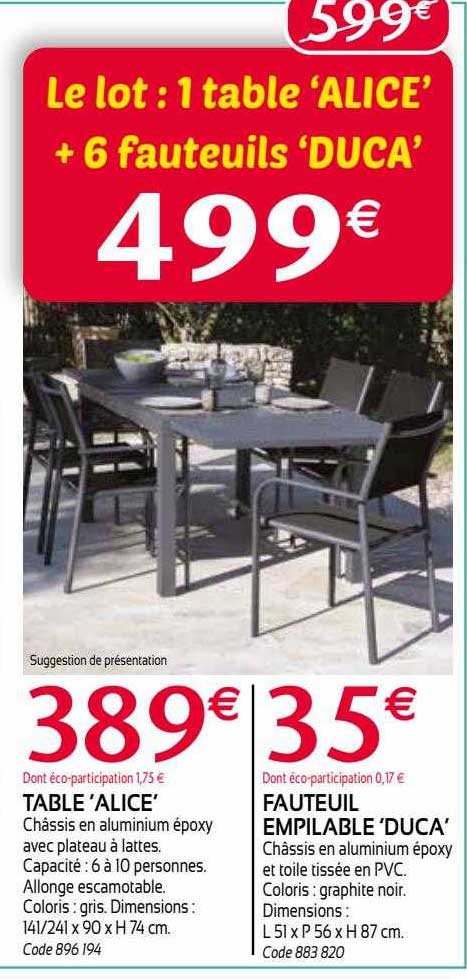 table 'alice', fauteuil empilable 'duca'