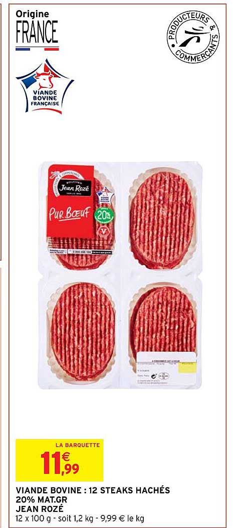 viande bovine : 12 steaks hachés 20% mat.gr. jean rozé