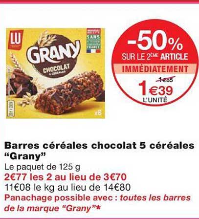 barres céréales chocolat 5 céréales "grany"