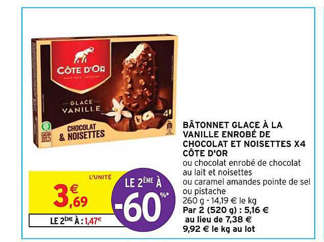 bâtonnet glacé à la vanille enrobé de chocolat et noisettes x 4 côte d'or