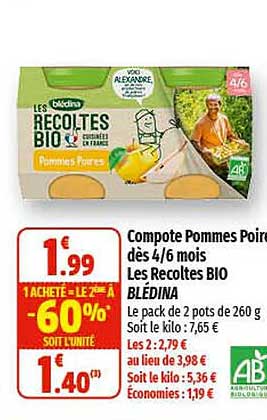 Compote Pommes Poire Dès 4-6 Mois Les Récoltes Bio Blédina