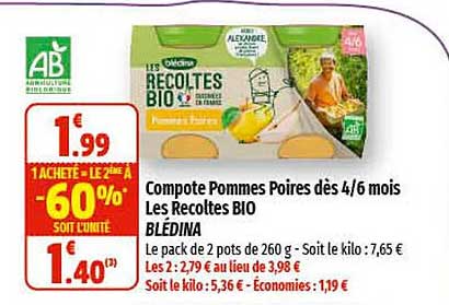 Compote Pommes Poires Dès 4-6 Mois Les Récoltes Bio Blédina