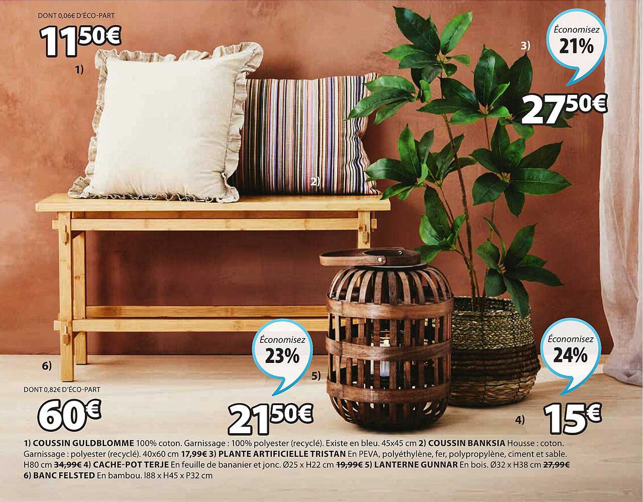 coussin guldblomme, coussin banksia, plante artificielle tristan, cache-pot terje, lanterne gunnar, banc felsted