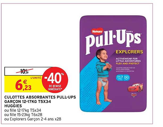 culottes absorbantes pull-ups garçon 12-17 kg t5 x 34 huggies