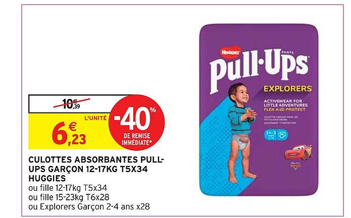 culottes absorbantes pull-ups garçon 12-17 kg t5 x 34 huggies