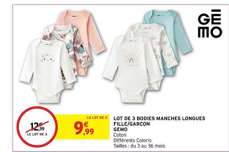 lot de 3 bodies manches longues fille-garçon gémo
