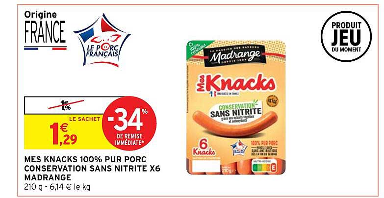 mes knacks 100% pur porc conservation sans nitrite x 6 madrange