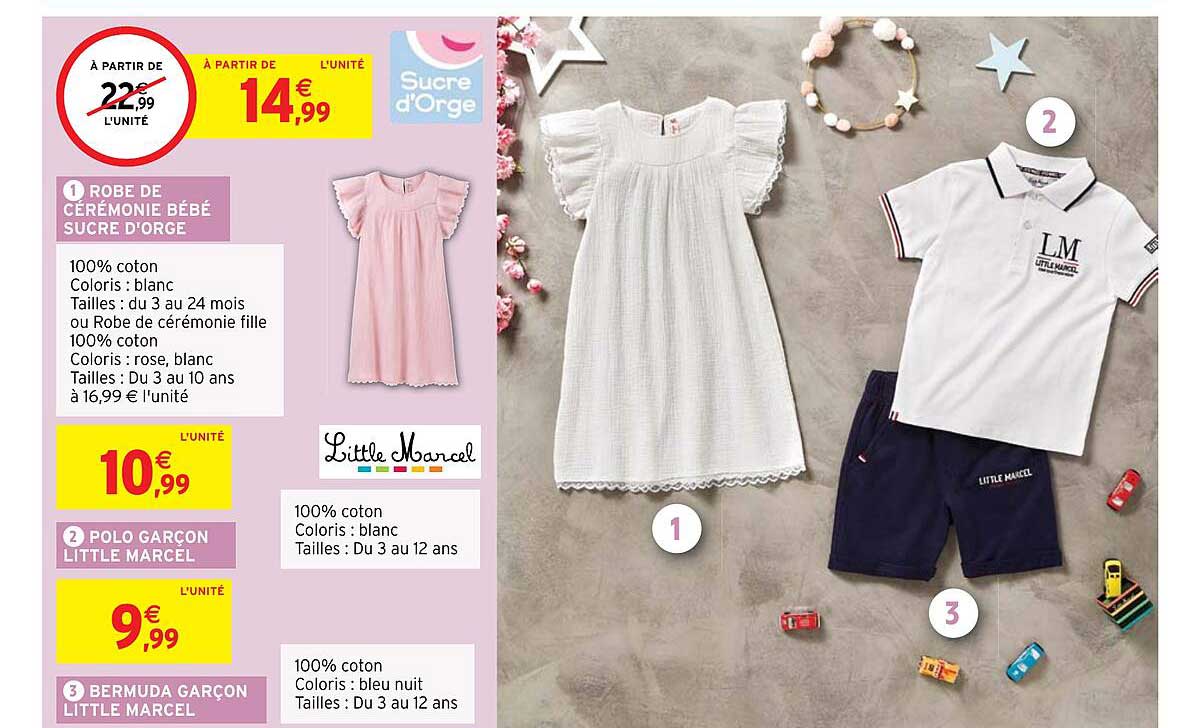 robe de cérémonie bébé sucre d'orge, polo garçon little marcel, bermuda garçon little marcel