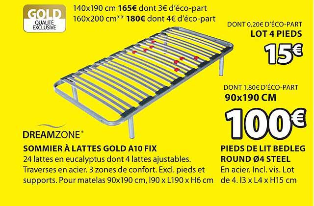 sommier à lattes gold A10 fix dreamzone, pieds de lit bedleg round ø4 steel