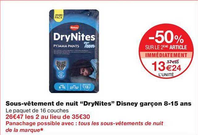 sous-vêtement de nuit "drynites" disney garçon 8-15 ans
