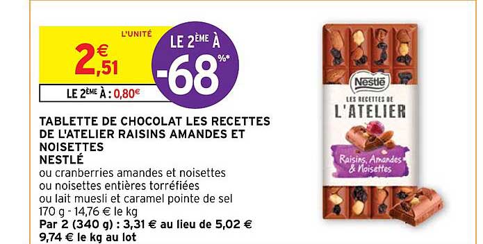 tablette de chocolat les recettes de l'atelier raisins amandes et noisettes nestlé