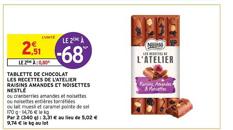 tablette de chocolat les recettes de l'atelier raisins amandes et noisettes nestlé