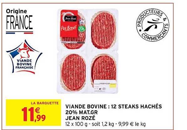 viande bovine : 12 steaks hachés 20% mat.gr. jean rozé