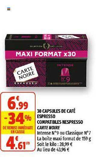 30 capsules de café espresso compatibles nespresso carte noire