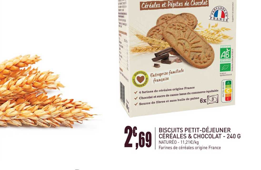 biscuits petit-dejeuner cereales & chocolat 240 g natureo