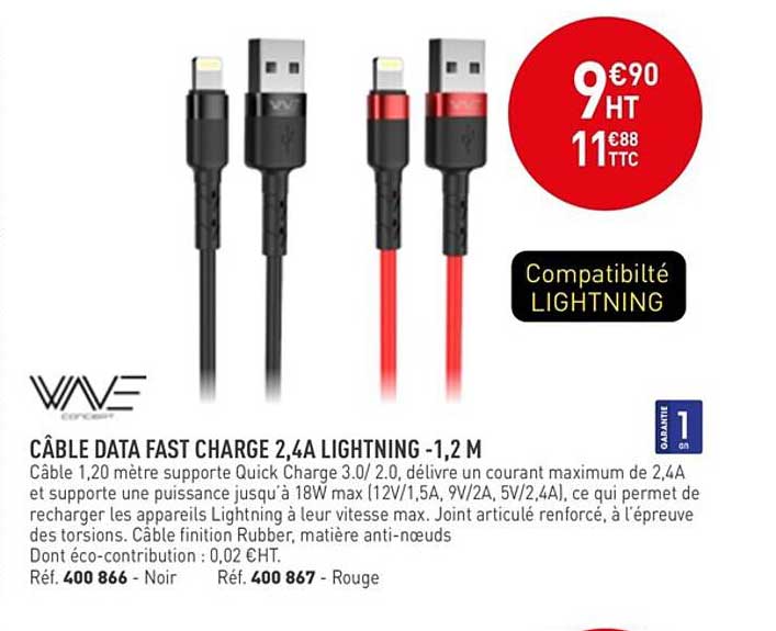 câble data fast charge 2.4a lightning - 1.2 m wave