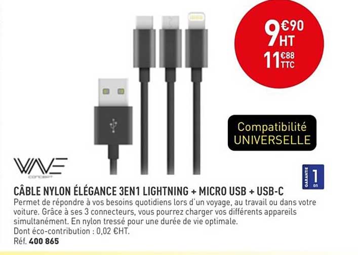 câble nylon élégance 3en1 lightning + micro usb + usb-c wave