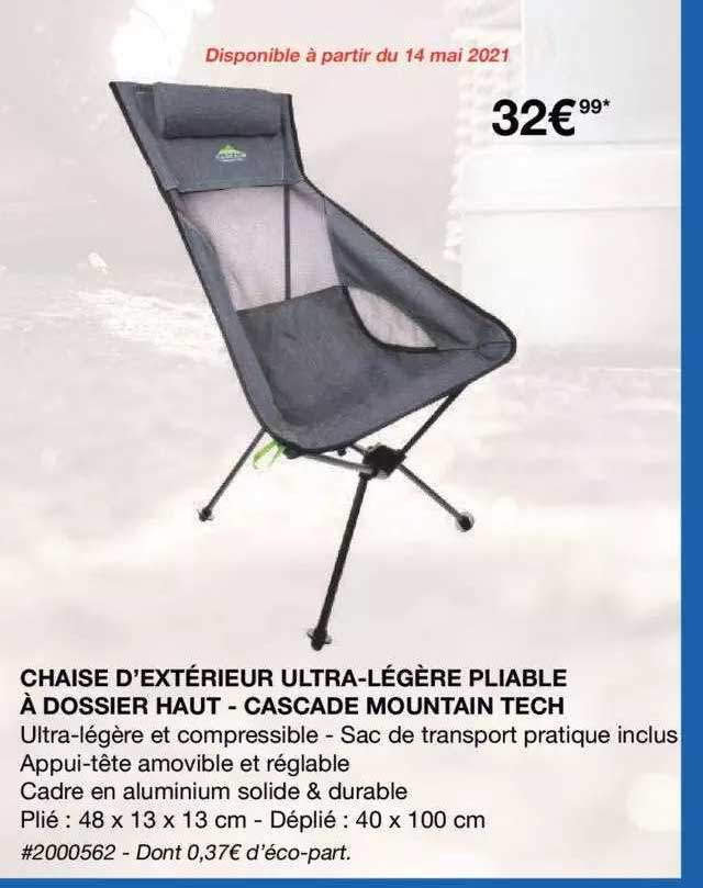 chaise d'extérieur ultra-légère pliable à dossier haut - cascade mountain tech