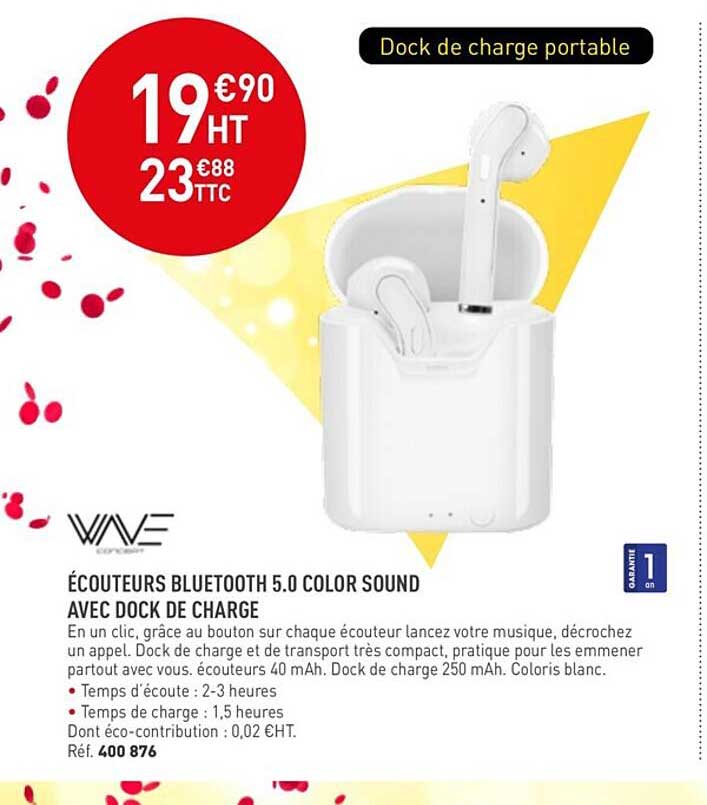 écouteurs bluetooth 5.0 color sound avec dock de charge wave