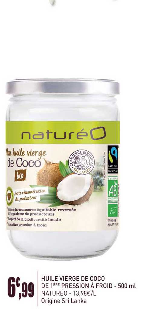 huile vierge de coco de 1ere pression a froid 500 ml natureo