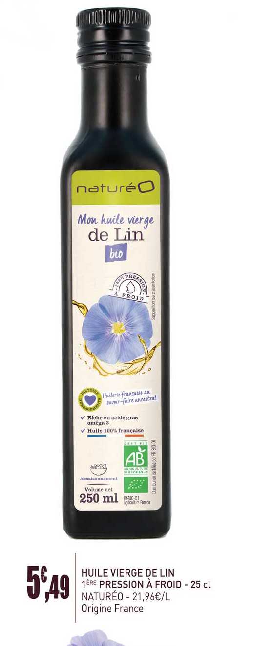 huile vierge de lin 1 ere pression a froid 25 cl natureo