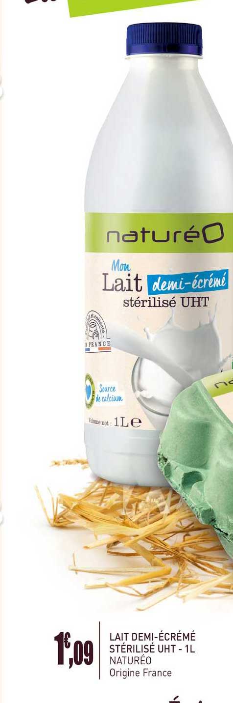 lait demi-ecreme sterilise uht 1l natureo