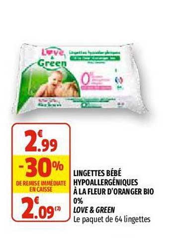 lingettes bébé hypoallergéniques à la fleur d'oranger bio 0% love & green