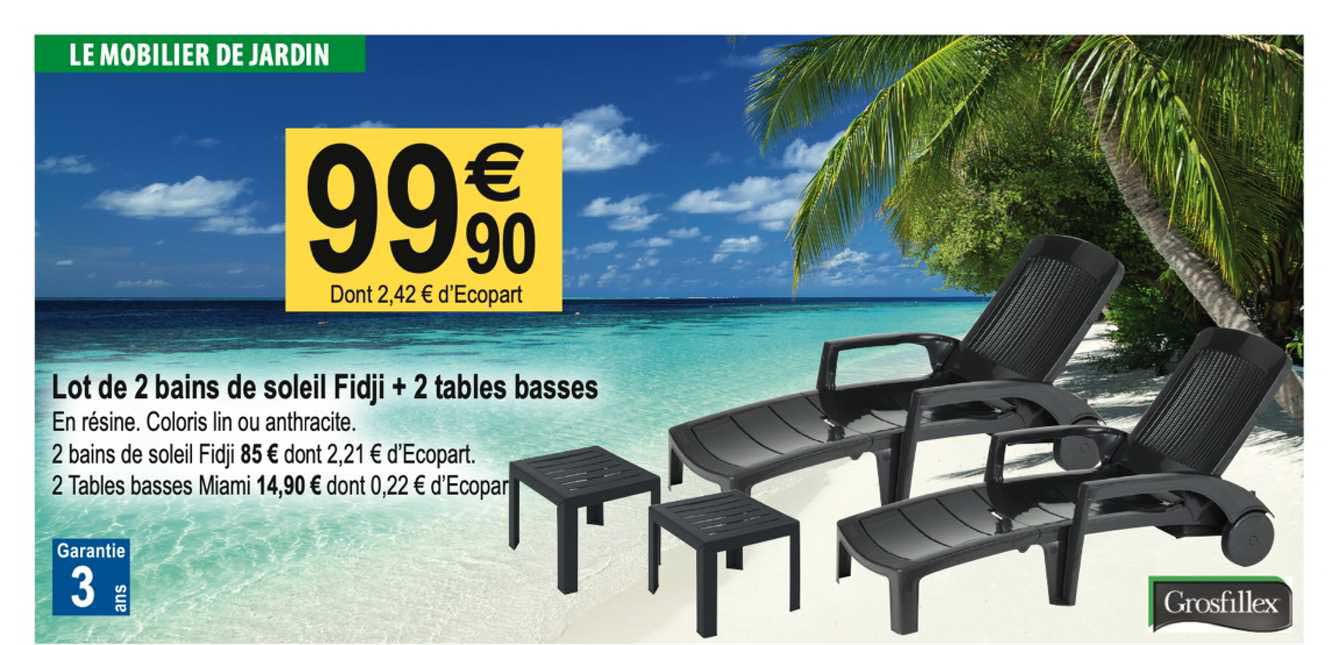 lot de 2 bains de soleil fidji + 2 tables basses