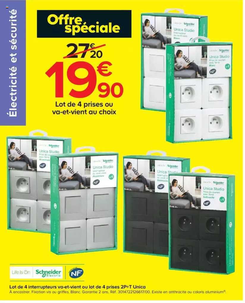 lot de 4 interrupteurs va-et-vient ou lot de 4 prises 2p+t unico