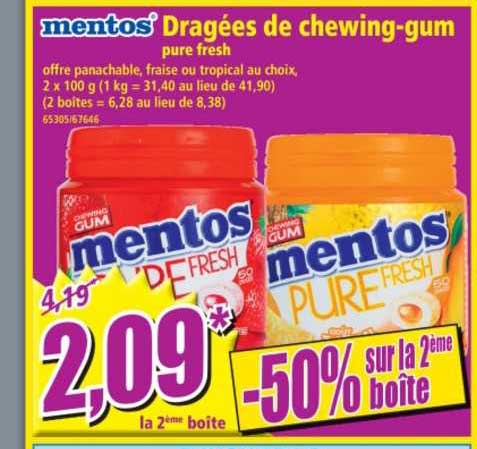 mentos dragées de chewing-gum pure fresh -50% sur la 2ème boîte