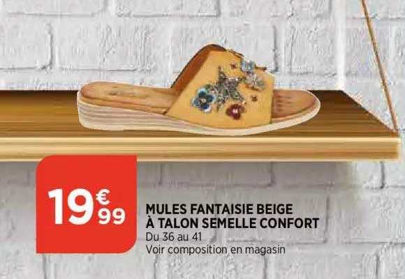 mules fantaisie beige a talon semelle confort