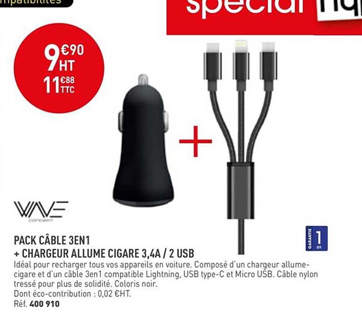 pack câble 3en1 + chargeur allume cigare 3.4a - 2usb