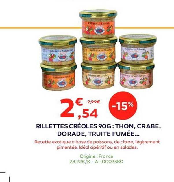 rillettes creoles 90g: thon, crabe, dorade, truite fumee