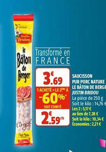 saucisson pur porc nature le bâton de berger justin bridou