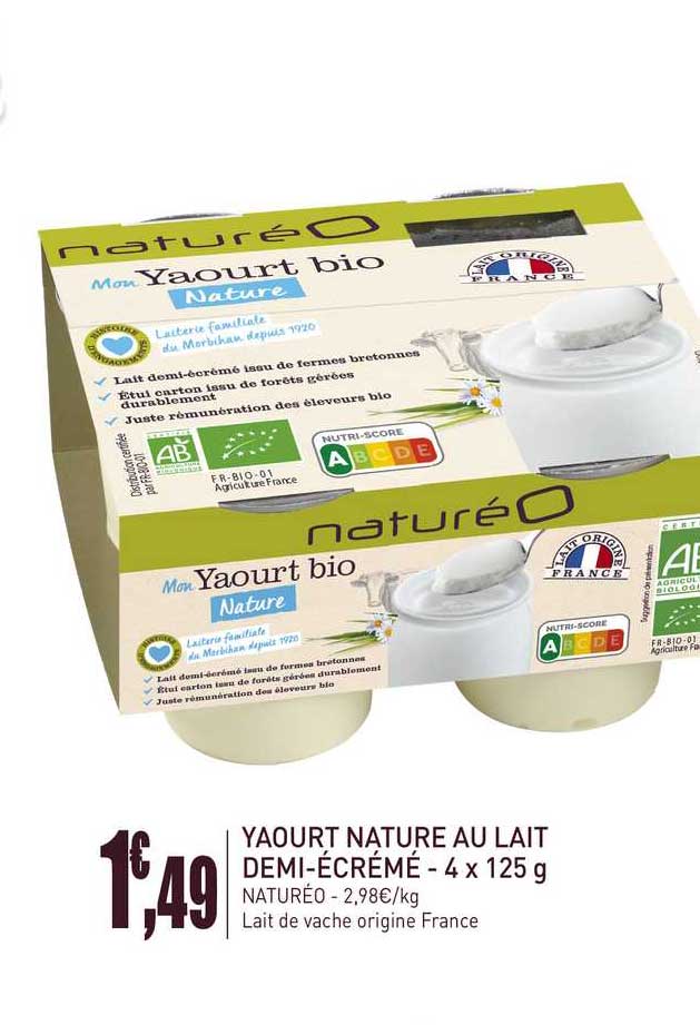 yaourt nature au lait demi-ecreme natureo