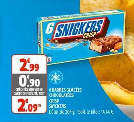 6 barres glacées chocolatées crisps snickers
