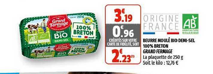 beurre moulé bio demi-sel 100% breton grand fermage