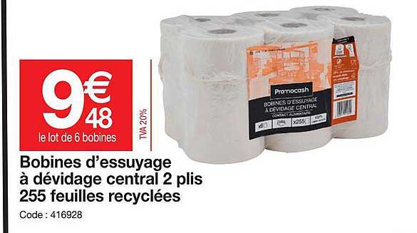 bobines d'essuyage à dévidage central 2 plis 255 feuilles recyclées