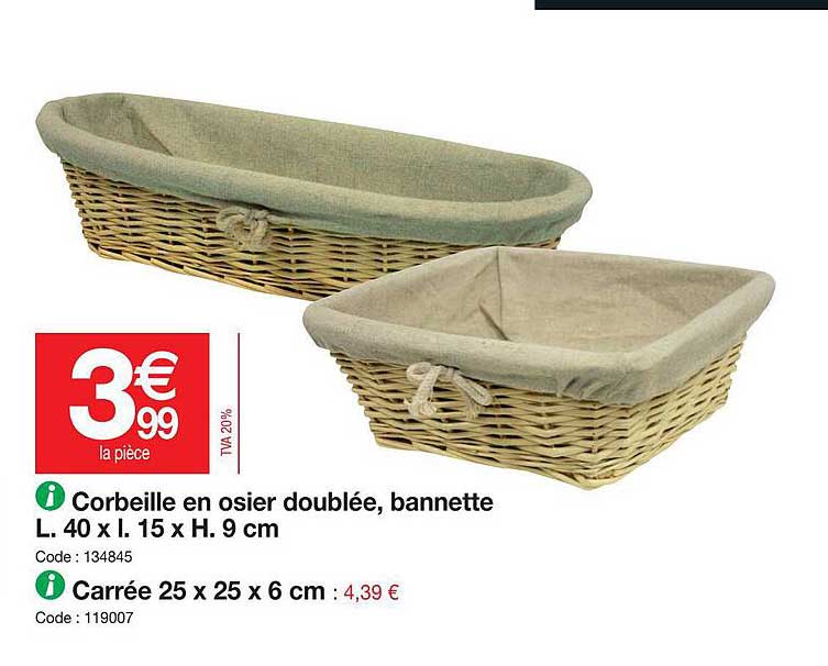 corbeille en osier doublée, bannette, carrée