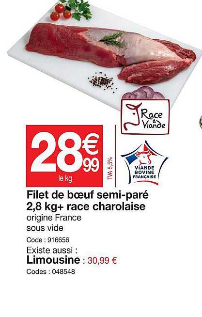 filet de bœuf semi-paré 2,8 kg+ race charolaise, limousine