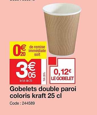 gobelets double paroi coloris kraft 25 cl