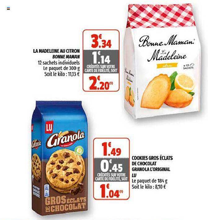 la madeleine au citron bonne maman, cookies gros éclats de chocolat granola l'original