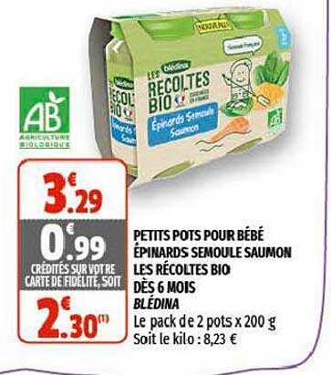 petits pots pour bébé épinards semoule saumon les récoltes bio dès 6 mois blédina