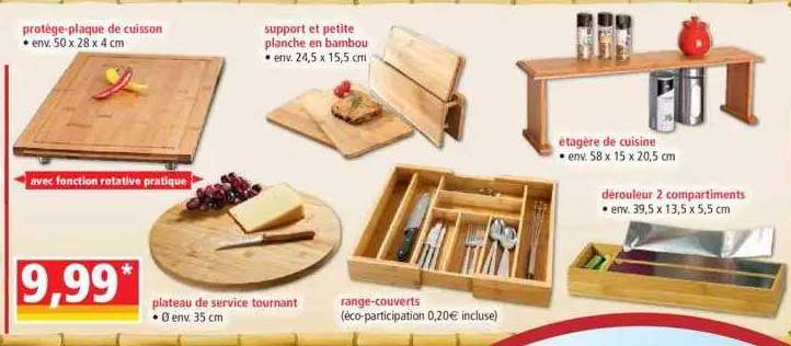 protège-plaque de cuisson , plateau de service tournant, range-couverts, support et petite planche en bambou, étagère de cuisine , dérouleur 2 compartiments