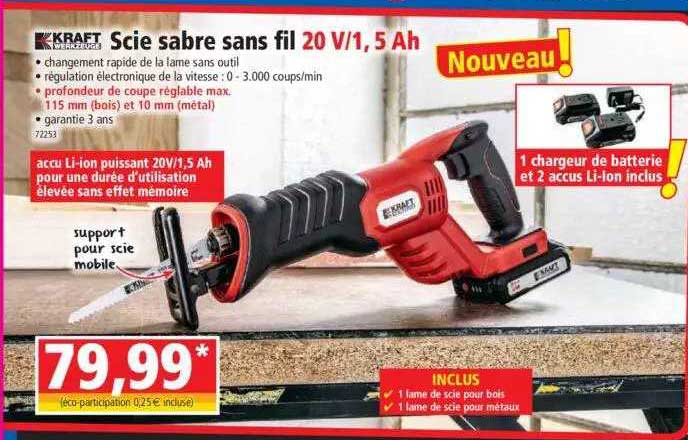 Scie Sabre Sans Fil 20 V-1,5 Ah Kraft